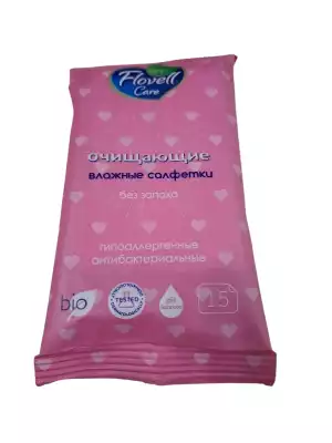 Влажные салфетки Flovell Care, розовые 15 шт – очищающие, без запаха